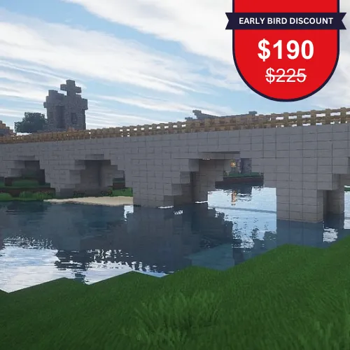 A screenshot of a Minecraft world with a blocky bridge crossing over a body of water. There is a red tag in the upper right corner that reads, "Early Bird Discount", followed by "$190" and a smaller, crossed-out "$225" beneath it.