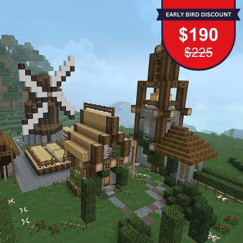 A screenshot of Minecraft world with various blocky structures, including a windmill, bell tower, and other smaller buildings. There is a red tag in the upper right corner that reads, "Early Bird Discount", followed by "$190" and a smaller, crossed-out "$225" beneath it.