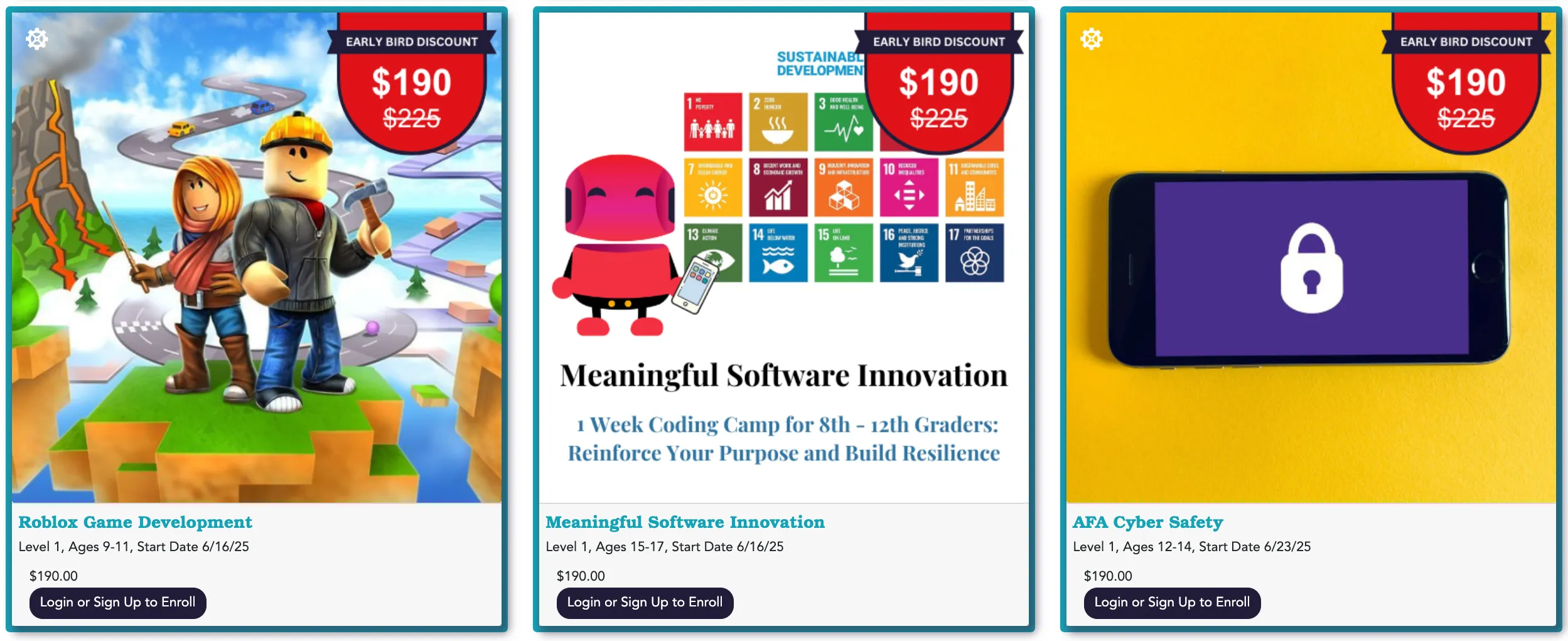 Three program tiles with brightly colored images. From left-to-right, they are titled, "Roblox Game Development", "Meaningful Software Innovation", and "AFA Cyber Safety".
