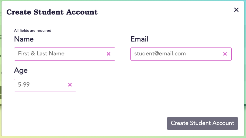 The 'Create Student Account' pop-up, with fields about the student's information to fill-in.