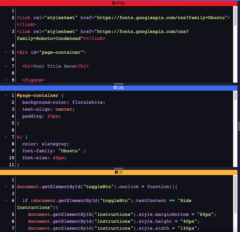 The vertically-stacked HTML, CSS, and JavaScript sections of the code editor.