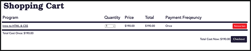 The Shopping Cart page, which shows the quantity, price, and payment frequency of any programs added to the cart. The “Checkout” button is also displayed at the bottom of this page.