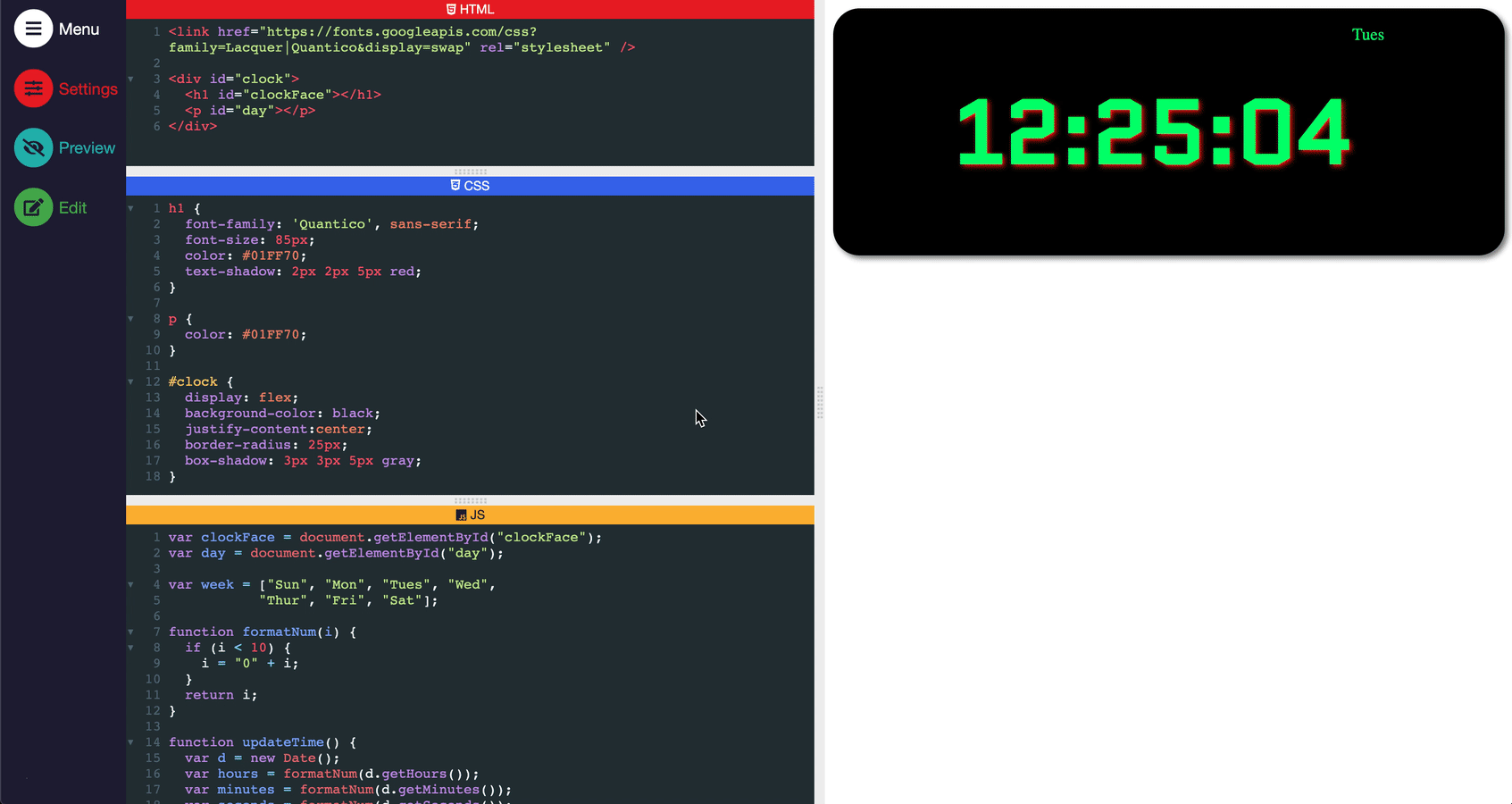 An animation showing a code editor outputting a ticking clock. The code changes the font family, font size, and text shadow color of the clock numbers.