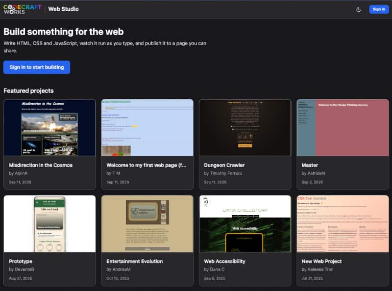 The Web Studio gallery of featured student projects, published and shared directly from the browser.
