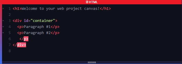 Code in the HTML section of the editor with two HTML tags highlighted in red.