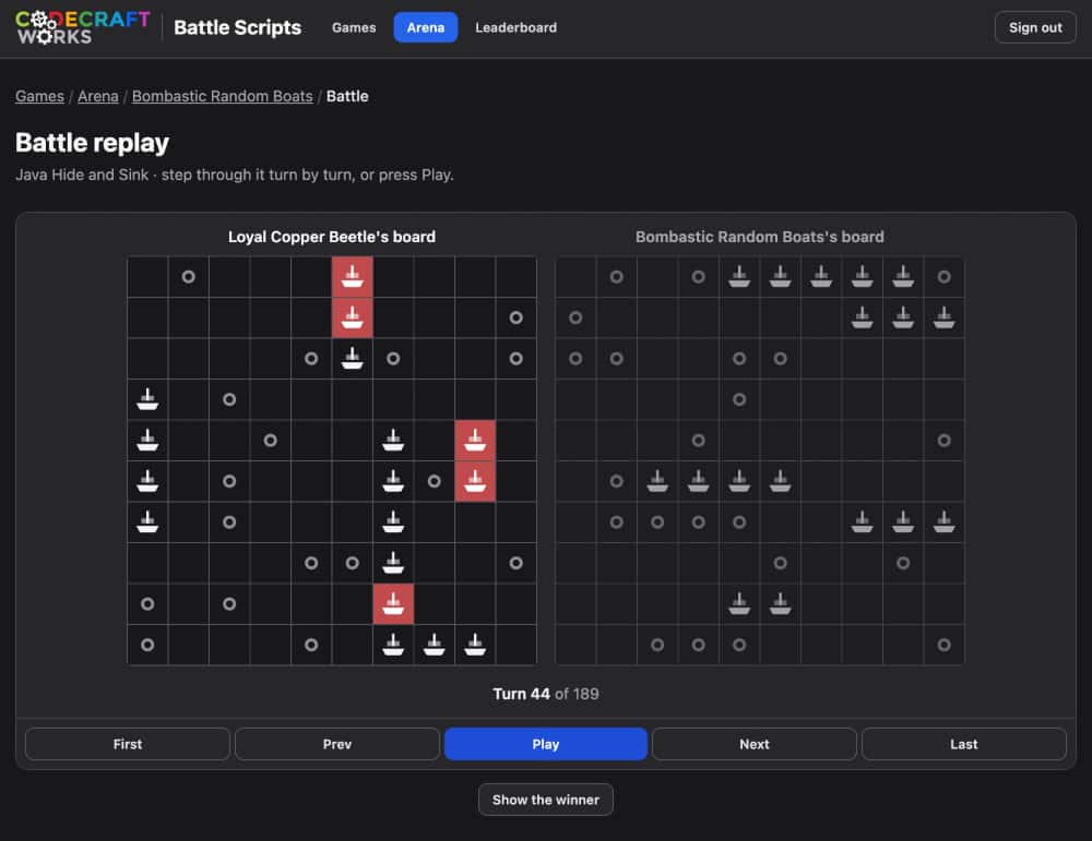 A BattleScripts battle replay between two student-coded bots, Loyal Copper Beetle and Bombastic Random Boats, playing a Battleship-style game in Java.