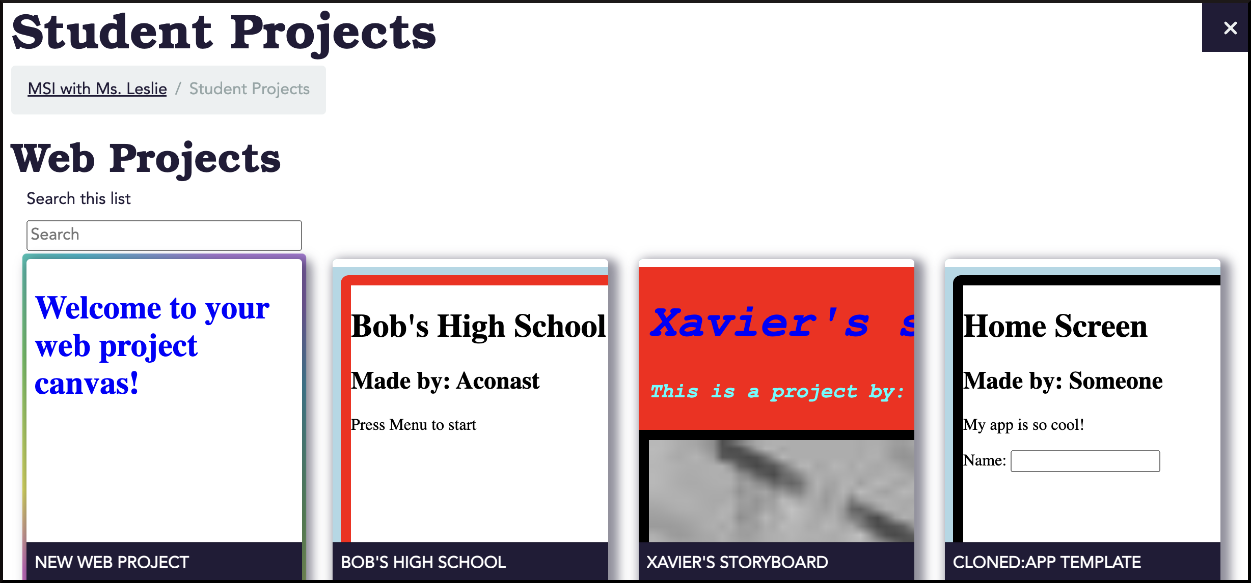 A screenshot of a web page titled, "Student Projects". Beneath it is subheading labelled, "Web Projects". At the bottom are four of the students' projects, represented by four "tiles". Each tile shows a preview of the project and the project's title.