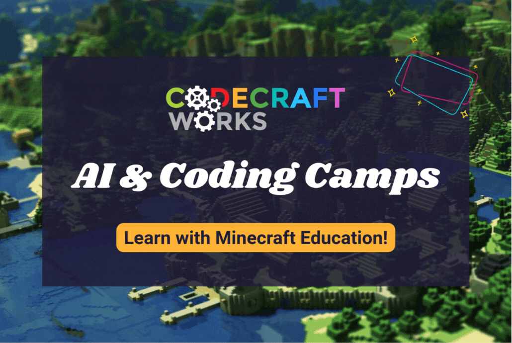 A dark box on a decorative background with the word 'NEW' flashing on and off in its upper right corner. The box has the following text: 'Codecraft Works AI & Coding Camps. Learn with Minecraft Education!