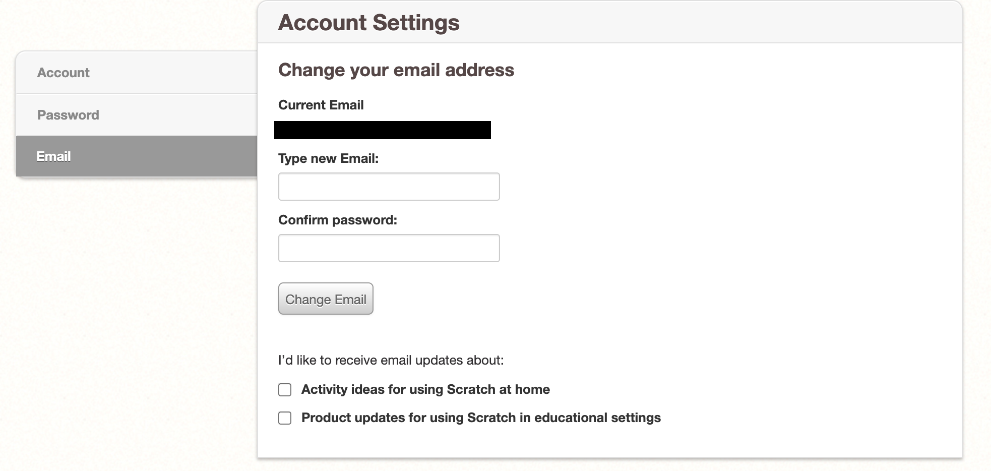 A web page with the words "Account Settings" in large text at the top. Below that is the text, "Change your email address," with several fields and checkboxes beneath it. To the right, there are three tabs: Account, Password, and Email. The Email tab is selected.