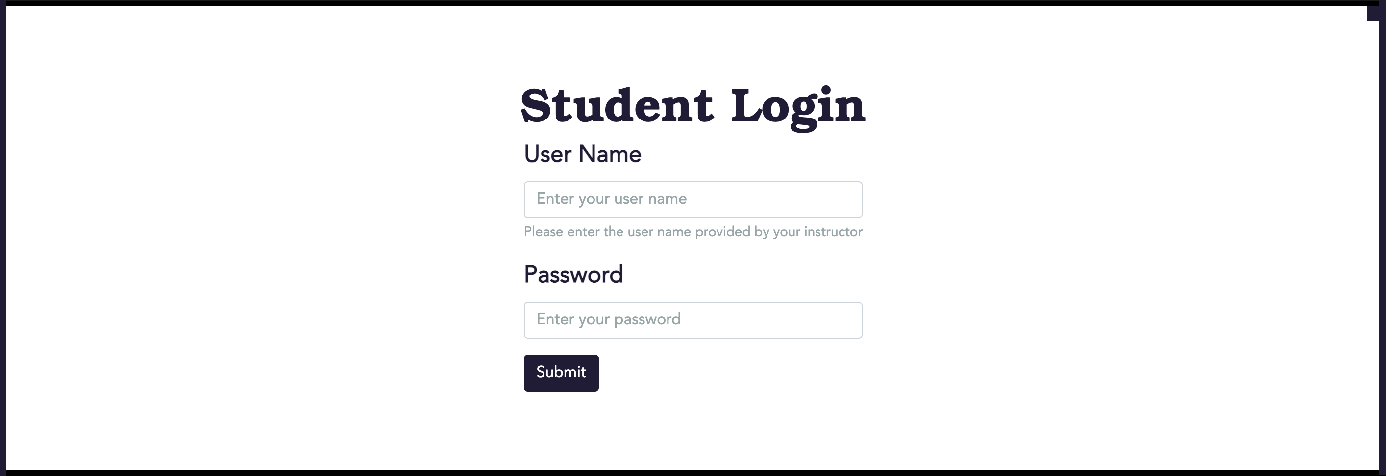 A screenshot of a web login page titled, "K12 Student Login". There is a "User Name" field, a "Password" field, and a Submit button.