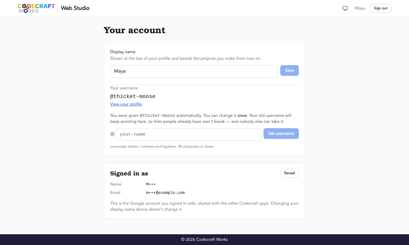The Web Studio "Your account" page, with a Display name field and Save button, the username "@thicket-moose" with a "View your profile" link, a field for setting a new username, and a "Signed in as" section.