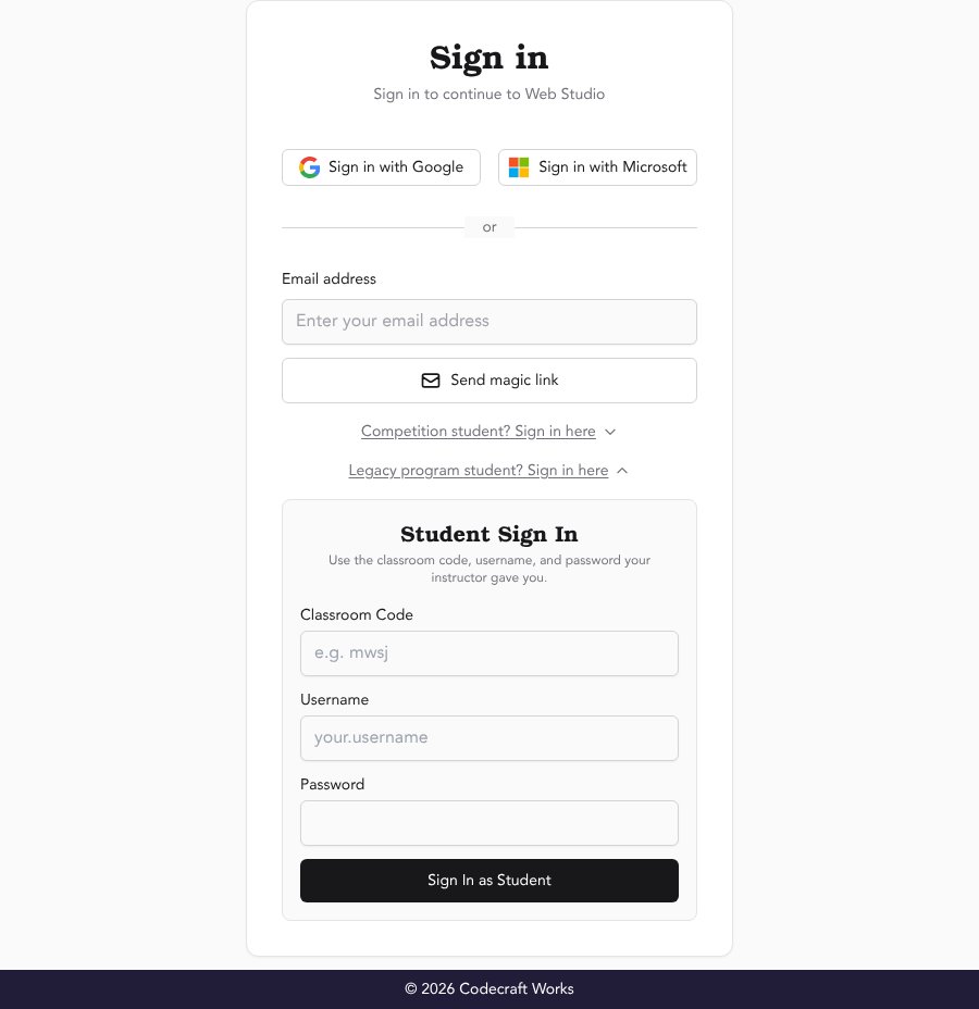 The "Student Sign In" section of the Codecraft ID page, asking for a Classroom Code, Username, and Password, with a "Sign In as Student" button.