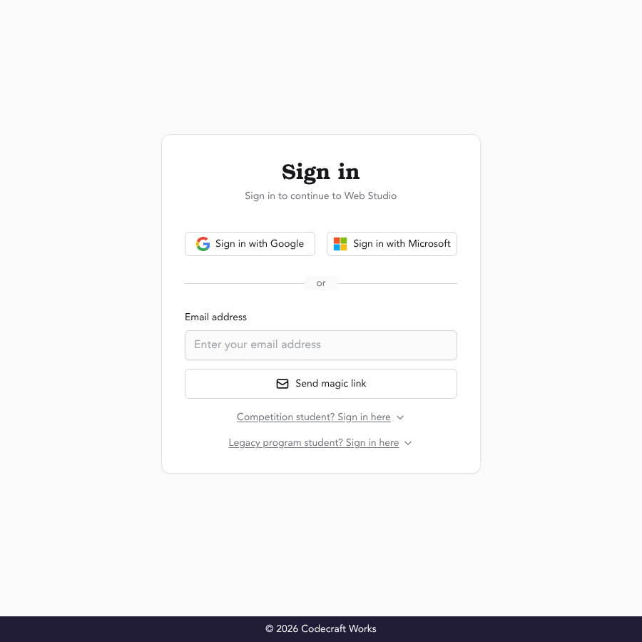 The Codecraft ID "Sign in" page, which says "Sign in to continue to Web Studio." It has "Sign in with Google" and "Sign in with Microsoft" buttons, an "Email address" field with a "Send magic link" button, and links reading "Competition student? Sign in here" and "Legacy program student? Sign in here."