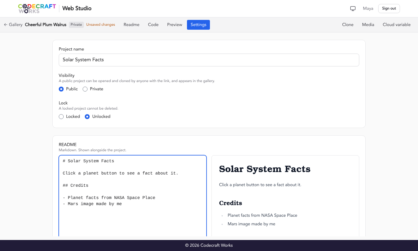 The Web Studio Settings view, with "Public" selected under Visibility.