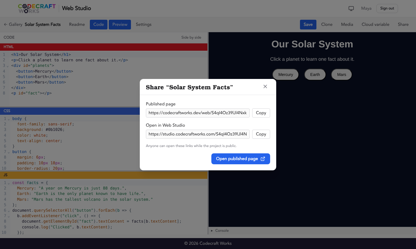 A pop-up titled "Share 'Solar System Facts'" with a "Published page" link starting with codecraftworks.dev/web, an "Open in Web Studio" link starting with studio.codecraftworks.com, a "Copy" button beside each, and an "Open published page" button.
