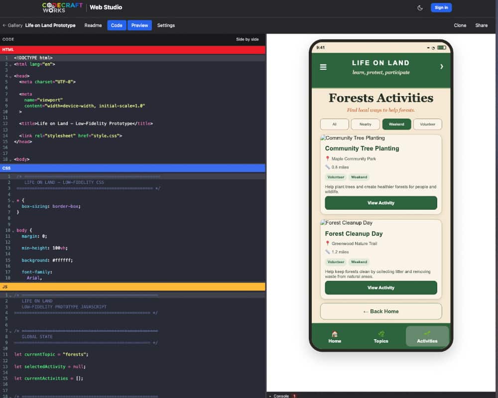 Codecraft Web Studio code editor showing HTML, CSS, and JavaScript side by side with a live mobile preview of a student-built Life on Land activities app.